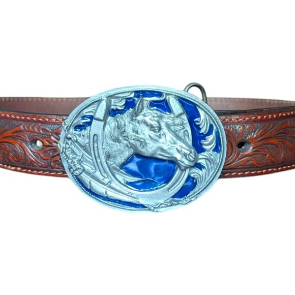 Nocona Siskiyou Horse Tooled Western Leather Statement Belt Buckle Resin Boho - Picture 3 of 15